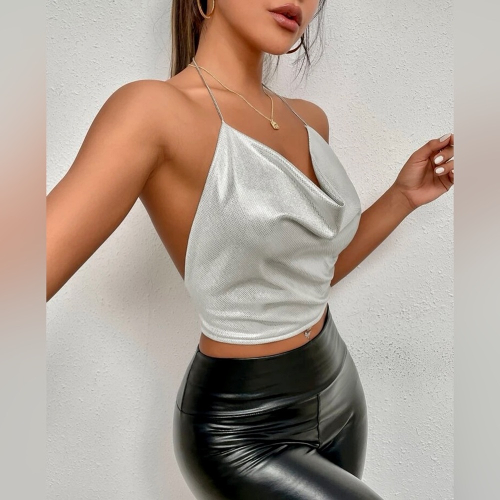 Draped backless halter top